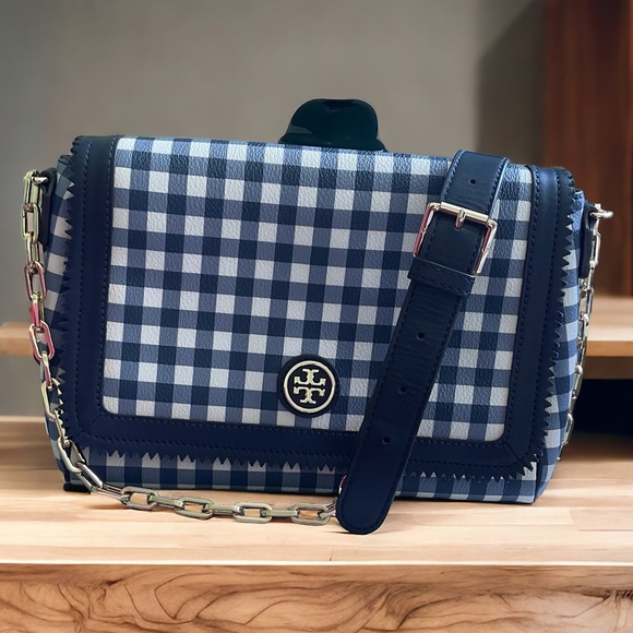 Tory Burch Handbags - AUTHENTIC TORY BURCH NAVY GINGHAM LEATHER CROSSBODY BAG + FREE Navy  Wallet 🛍️